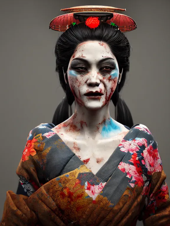 Prompt: portrait art of zombie geisha 8k ultra realistic, detailed,intricate, full of colour, cinematic lighting, trending on artstation, 4k, hyperrealistic, focused, extreme details,unreal engine 5, cinematic, masterpiece