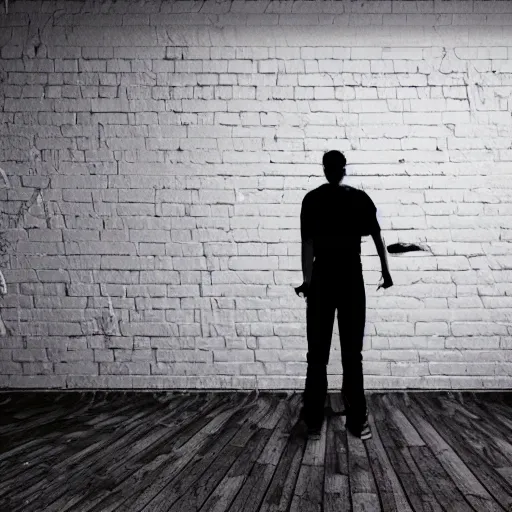 Image similar to incredible cinematic image of young angry man trying to fight his own shadow at the white brick wall, studio shot, dynamic lighting, high definition, highly detailed, photo-realistic, unreal engine render, 16k