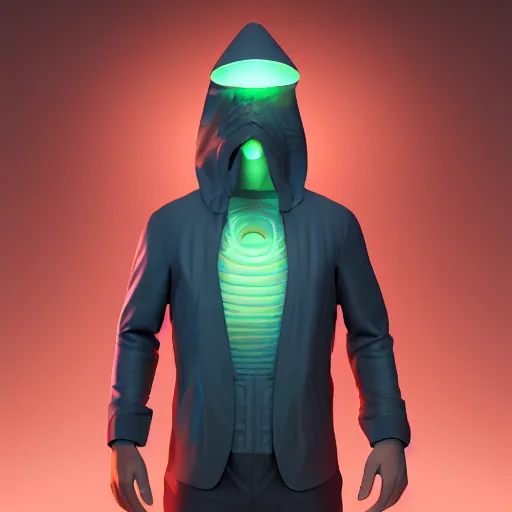 Prompt: 3D render of guy in the mask with the hood in the night city under the glowing lamp digital art pixel