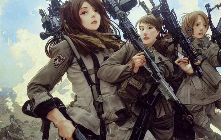 Prompt: war movie scene, squad, infantry girls, anime style, long hair, hair down, symmetrical facial features, explosions, wallpaper, from girls frontline, hyper realistic, pale skin, rule of thirds, extreme detail, high resolution, detailed drawing, trending artstation, hd, trading card, by alphonse mucha, greg rutkowski, backlit