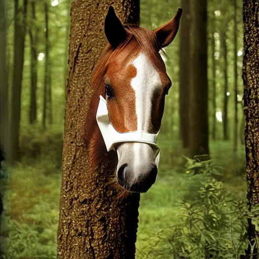 Image similar to 120mm photograph of a horse, wearing a white fly mask, forest , Photo is shot using a Rolleiflex TLR, with Kodachrome film,