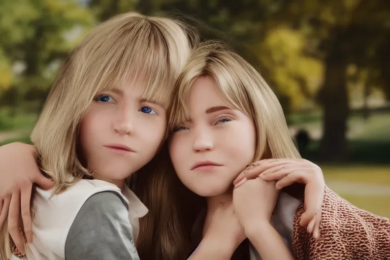 Image similar to blond boy hugging a brunette girl with straight hair, in a park, Polaroid, Closeup, Closeup-View, Octane render, Unreal Engine