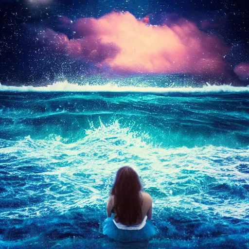 Image similar to ocean made of stars, drowning in sadness, hope on the horizon