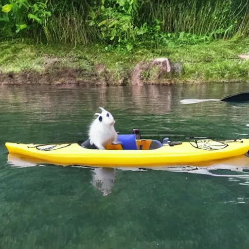 Prompt: a guinea pig paddling a kayak in the style of Studio Ghibli