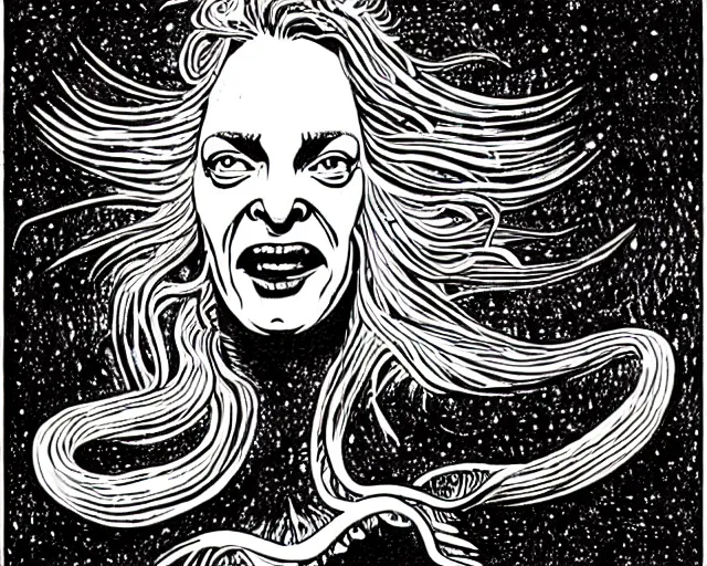 Image similar to uma thurman swimming in the ocean depths, cosmic horror painting, elegant intricate digital painting artstation concept art by basil wolverton by robert crumb by william eggleston detailed