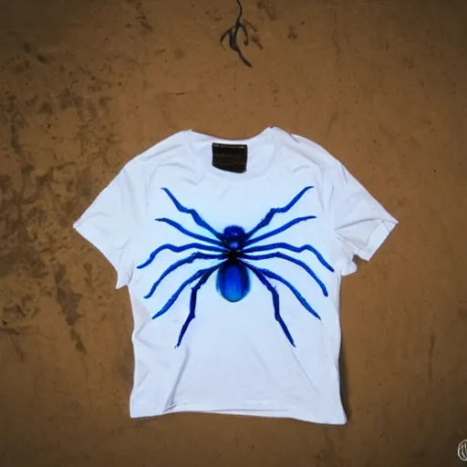 Image similar to white tshirt with design of a cute blue spider on it