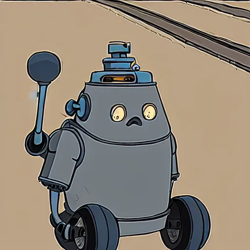 Image similar to a study of cell shaded cartoon of a grey robot st. bernard from howl's moving castle ( 2 0 0 4 ) on a desert road, full body, wide shot, very muted colors, post grunge, studio ghibli, laurie greasley, highly detailed, deviantart, art by artgem