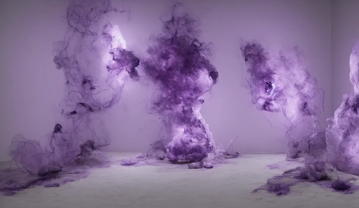 Image similar to artwork by pierre huyghe with wax, porcelain, cables and monitors, purple smoke, ultra realistic, depth, beautiful lighting, glitch, sigma, 8 k, 3 5 mm, f / 3 2