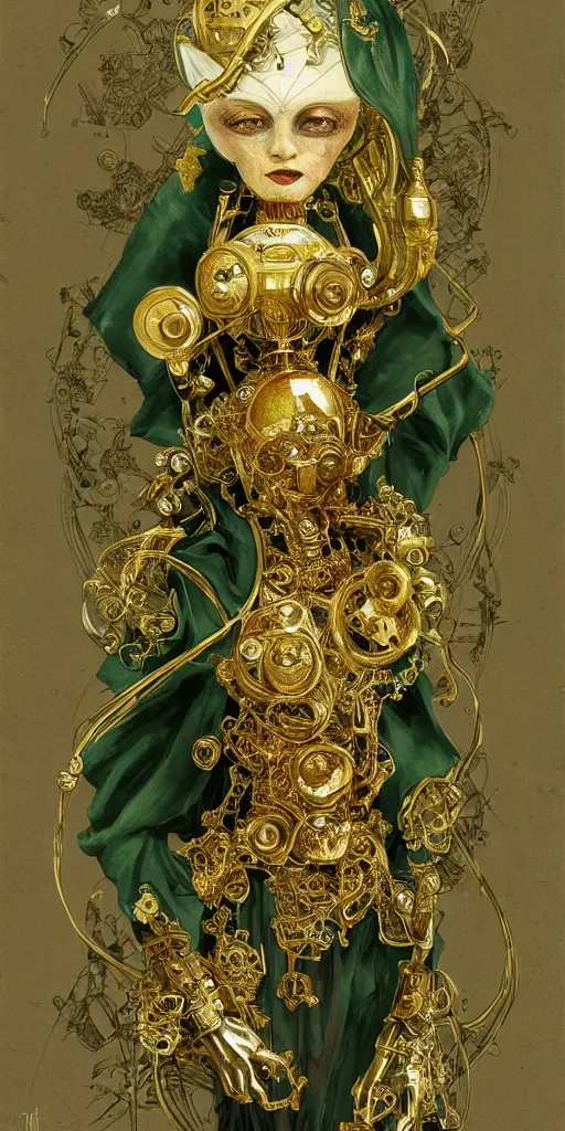 Prompt: ultra realistic illustration, victorian puppet character made of mechanical gold and brass parts, with a green cloak, staring directly into camera, ornate, engraved, intricate, elegant, highly detailed, digital painting, artstation, concept art, smooth, sharp focus, illustration, art by michael kutsche, peter mohrbacher, alphonse mucha, artgerm and greg rutkowski