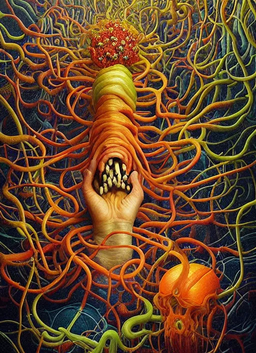 Prompt: hyper detailed Oil painting - Jimmy Carr Eats of the Strangling Fruit and His gossamer polyp blossoms bring iridescent fungal flowers whose spores black the foolish stars by Jacek Yerka, Mariusz Lewandowski, Abstract brush strokes, Masterpiece, Edward Hopper and James Gilleard, Zdzislaw Beksinski, Mark Ryden, Wolfgang Lettl, hints of Yayoi Kasuma