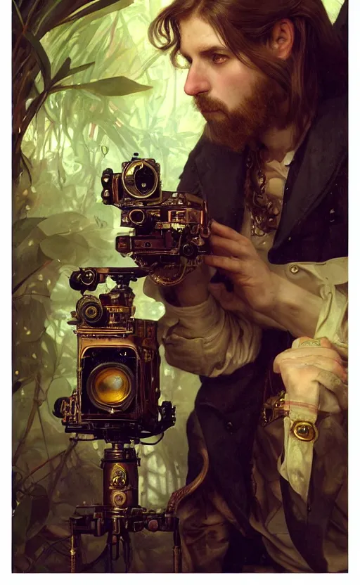 Image similar to hyper realistic male photographer looking through a vintage steampunk medium format camera, design on white background, beautiful details, lush foliage cyberpunk, gold, drawn by john singer sargent, tom bagshaw, norman rockwell, alphonso mucha, lolish, trending on artstation