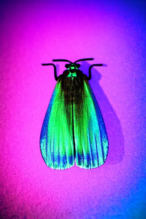 Image similar to high quality close-up photo iridescent moth! jeweled gorgeous! highly detailed david ligare elson peter cinematic purple neon lighting high quality low angle hd 8k sharp shallow depth of field