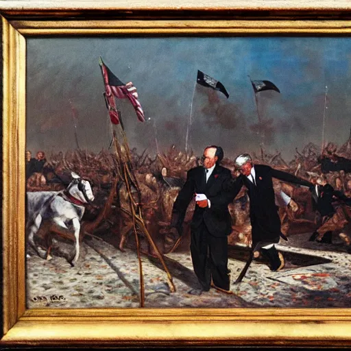 Image similar to George H.W. Bush destroys Iraq, oil on canvas, 1883