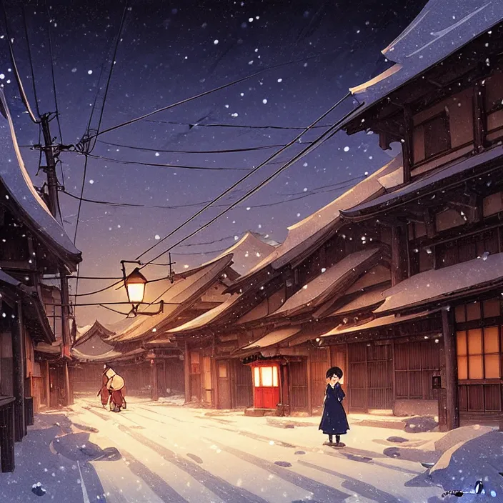 Image similar to empty rural japanese town at night, winter, in the style of studio ghibli, j. c. leyendecker, greg rutkowski, artem