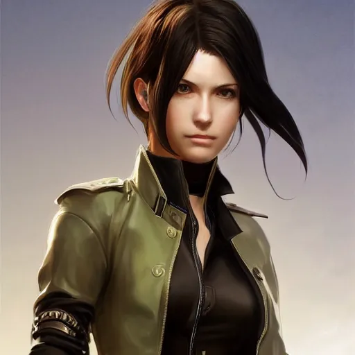 Image similar to a head and shoulders portrait of a girl with green eyes and short black hair in a tan trenchcoat, from Final Fantasy XIII, retro, smooth, sharp focus, intricate, artstation, detailed concept art by Rutkowski and Mucha and sky sewa and Marc Simonetti