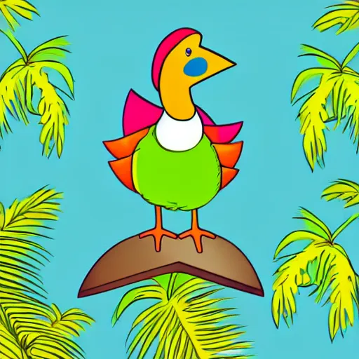 Image similar to cute illustration of a dodo bird surfing. super cute. tropical. colorful.