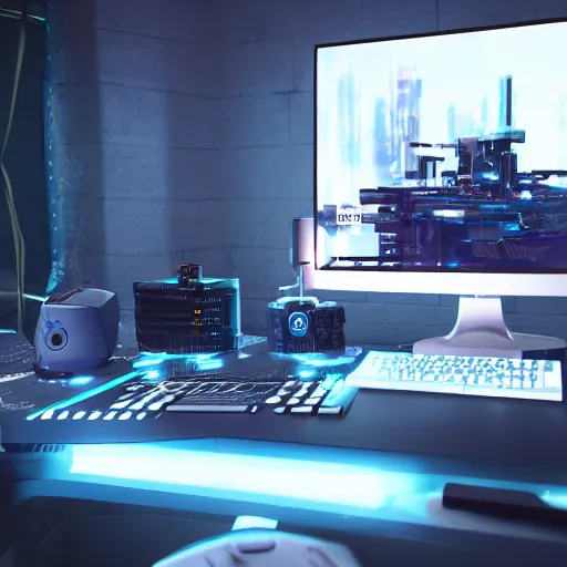 Prompt: gaming setup from future, cyberpunk style, product photo, octane render, unreal render, ultra detail, no noise, isometric, full view