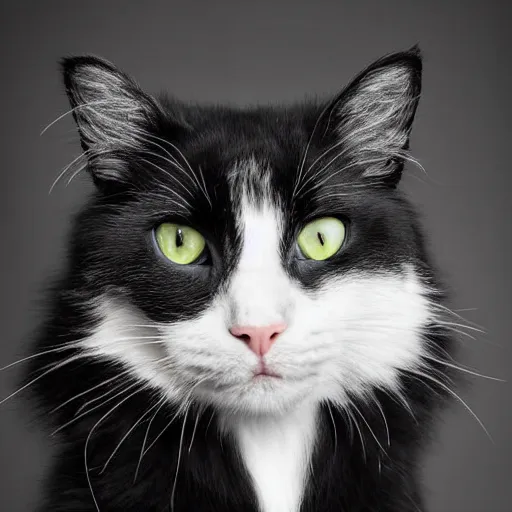 Image similar to fluffy black and white cat portrait, white cheeks, aesthetic highly detailed soft fur and paws, professionally shot photorealistic 8k photograph, 35mm Canon EOS R3, rendered in octane, by Natalie Große and Jason Allison