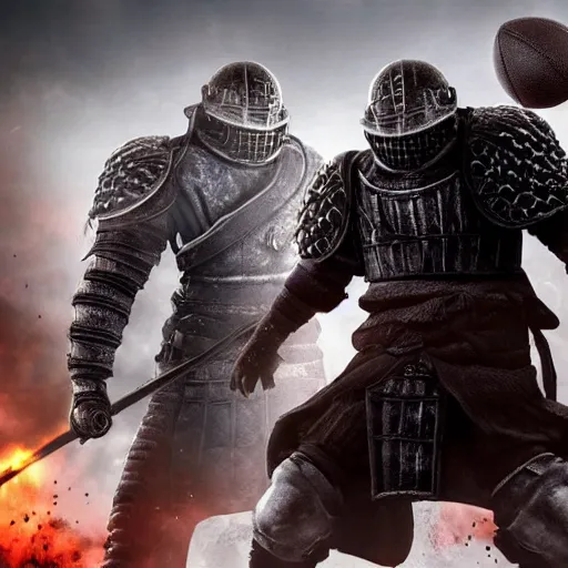 Prompt: Key art for the new Dark Souls expansion pack, 'Coach Belichick and the Siege of Footballtown'