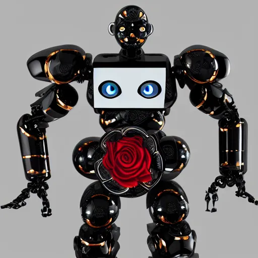 Prompt: cyborg made of black porcelain and black onyx, with blue robotic eyes, in the golden shell with red rose pattern, in Beeple style