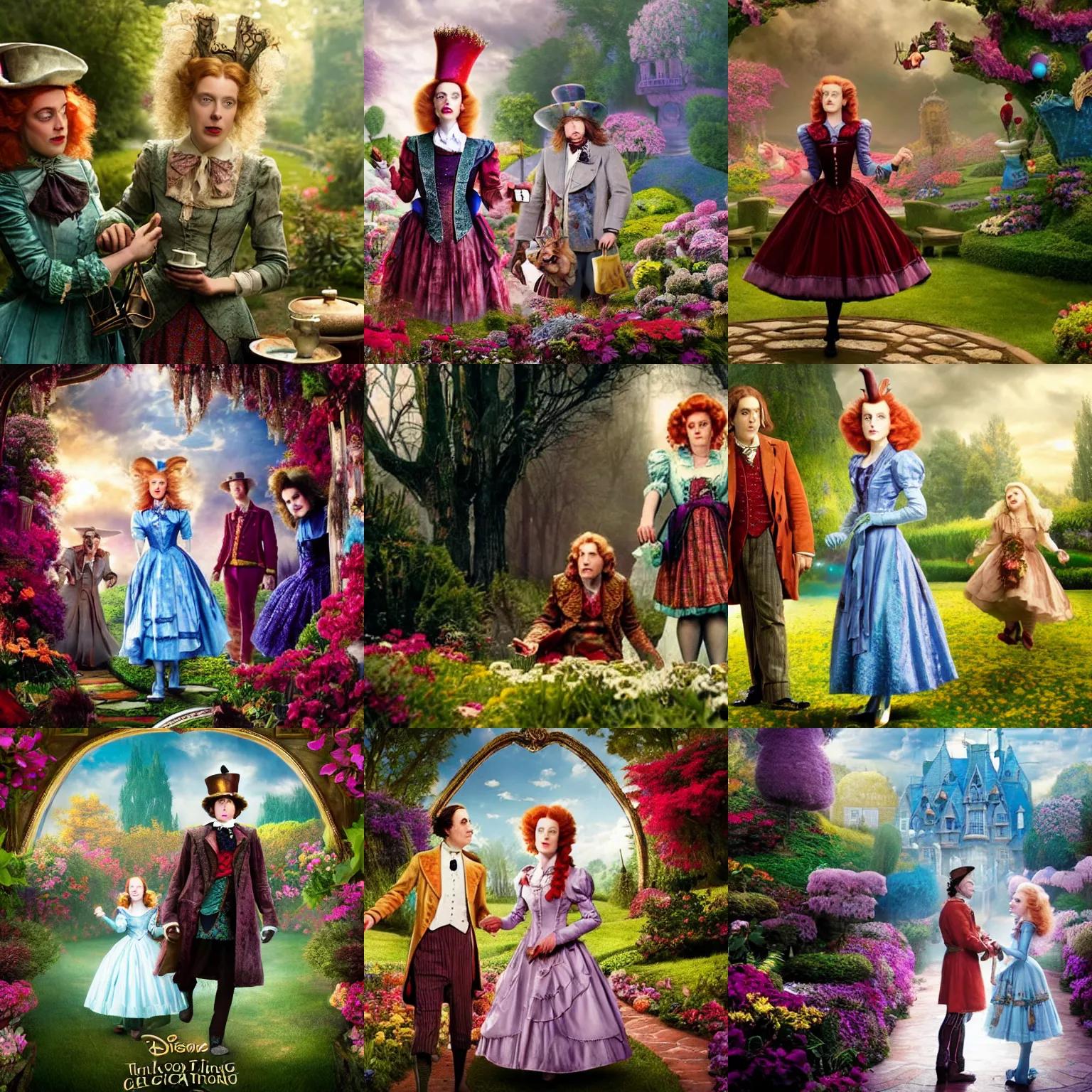 Prompt: a still photo from alice through the looking glass in the style of thomas kinkade