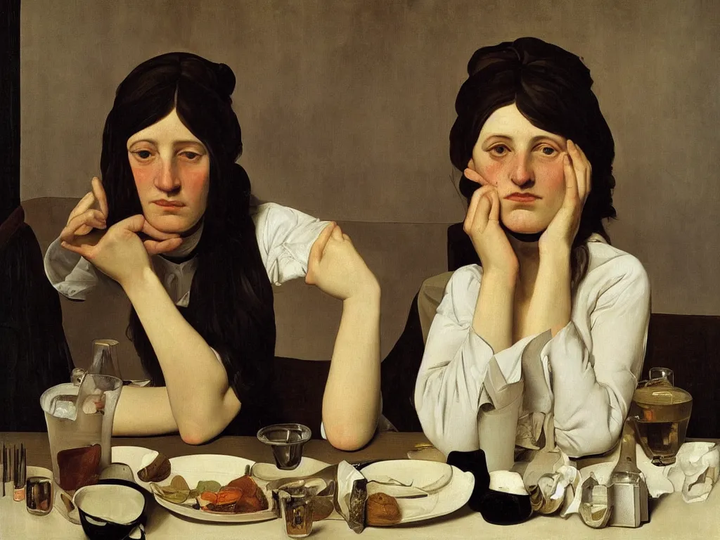 Prompt: Portrait of a sad waitress. Painting by Georges de la Tour, Lucian Freud