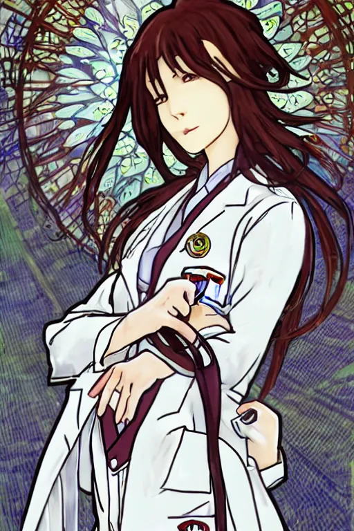 Prompt: Kurisu Makise in long lab coat tonemapped in the style of Ayami Kojima and Alphonse Mucha