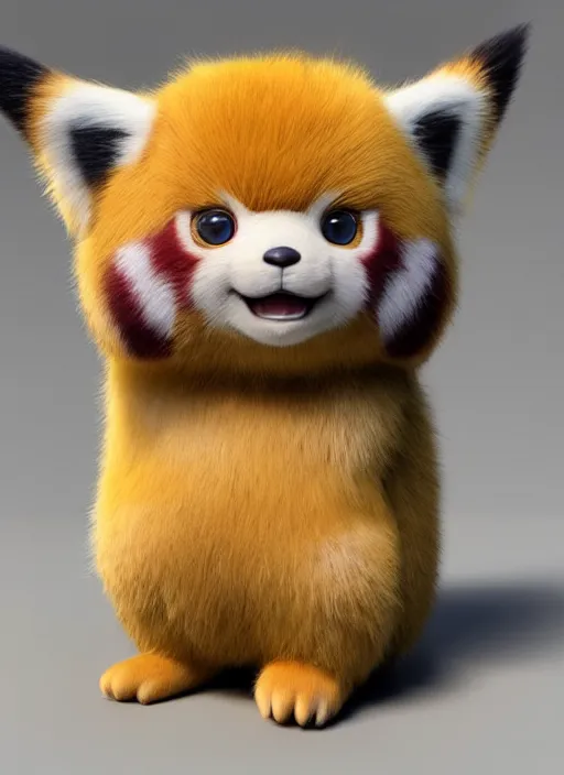 Image similar to high quality 3 d render hyperrealist very cute muted color fluffy! pikachu red panda hybrid highly detailed, vray smooth, in the style of detective pikachu, hannah yata charlie immer, soft indoor light, low angle, uhd 8 k, sharp focus