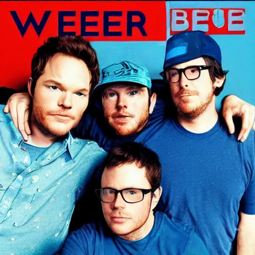 Image similar to The cover of Weezer Blue Album, but all of the members are Chris Pratt, CD Cover