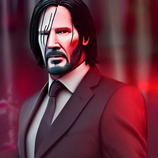 Image similar to john wick looking at thanos, rainy day, volumetric lighting, sharp focus