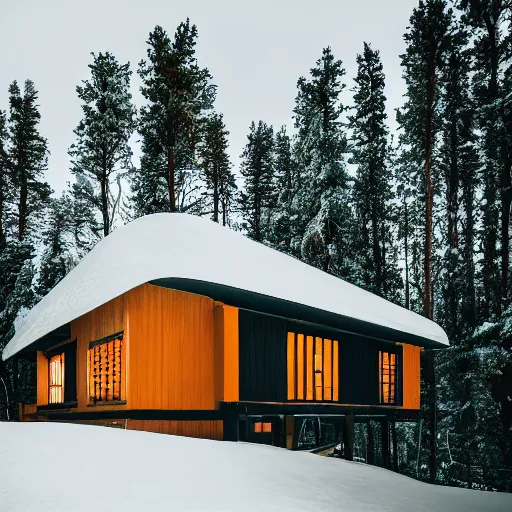 Image similar to wes anderson style modern futuristic house near the lake, snowy mountains and green forest, cinematic, realism, photo, detailed