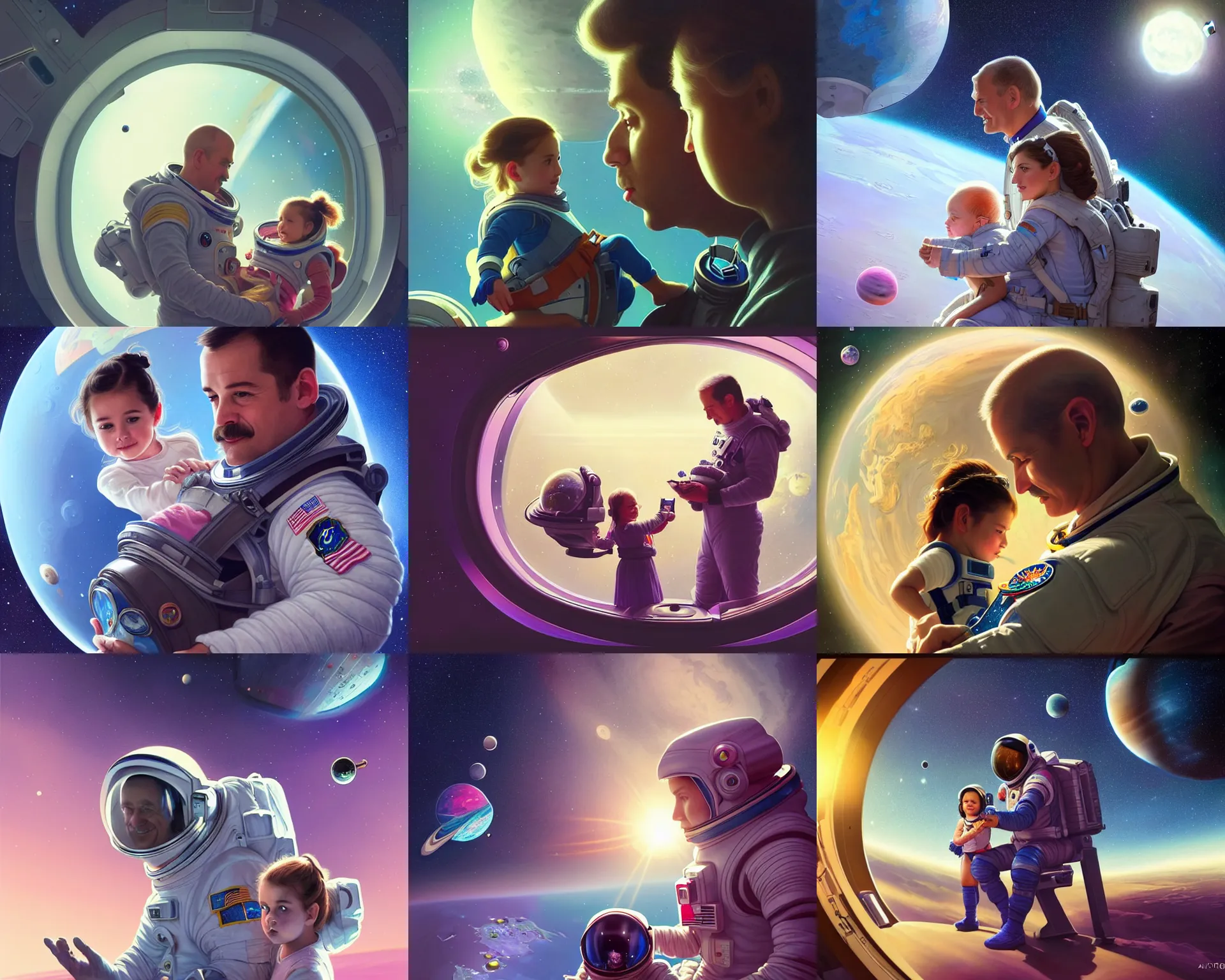 Prompt: a father astronaut with his daughter on a baby carrier, space station, earth on the window, photography of kurzgesagt, deep focus, d & d, fantasy, intricate, elegant, highly detailed, digital painting, artstation, concept art, matte, sharp focus, illustration, hearthstone, art by artgerm and greg rutkowski and alphonse mucha
