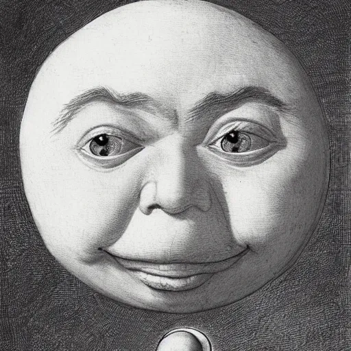 Image similar to candid portrait of white ball human face hybrid in the sky with face smiling eyes closed, mouth open, surrounded by clouds, illustrated by peggy fortnum and beatrix potter and sir john tenniel