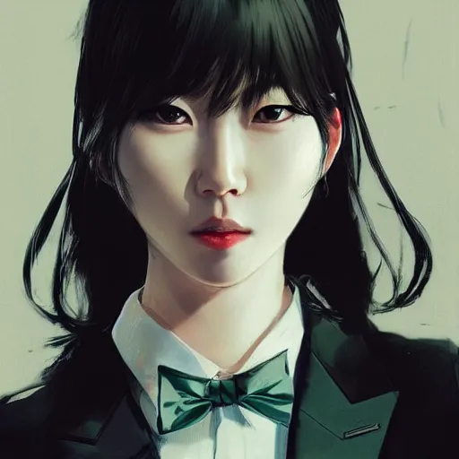 Image similar to portrait of a beautiful korean girl wearing a men's tuxedo, with bangs, very long hair and bangs, angular features, angry expression, dramatic lighting, illustration by Greg rutkowski, yoji shinkawa, 4k, digital art, concept art, trending on artstation