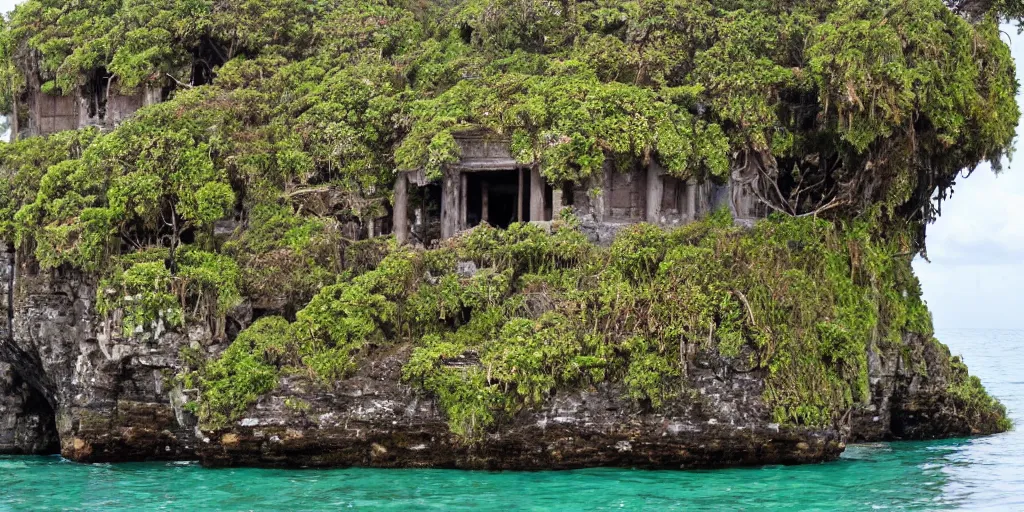 Image similar to ancient temple on hidden island in the middle of the ocean, detailed, old, mossy