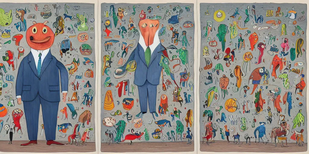 Image similar to anthropomorphic catfish wearing a suit, thumbs upping, by lisa hanawalt, by wanda gag, by tove jannson