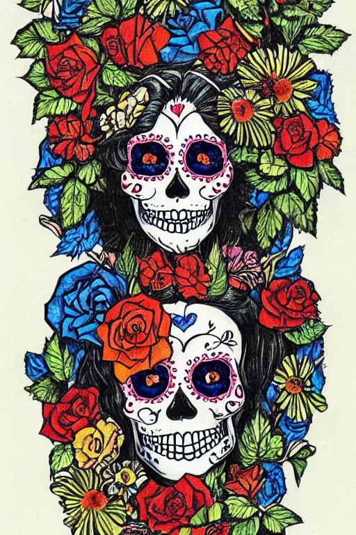 Image similar to Illustration of a sugar skull day of the dead girl, art by louis rhead