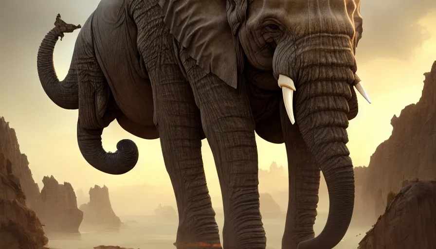 Prompt: a hybrid robot elephant, on socotra island, intricate, elegant action scene, an epic fantasy, artgerm and greg rutkowski and alphonse mucha, an epic fantasy, volumetric light, detailed, establishing shot, an epic fantasy, cinematic, photorealistic, ultrarealistic, trending on art station, octane render