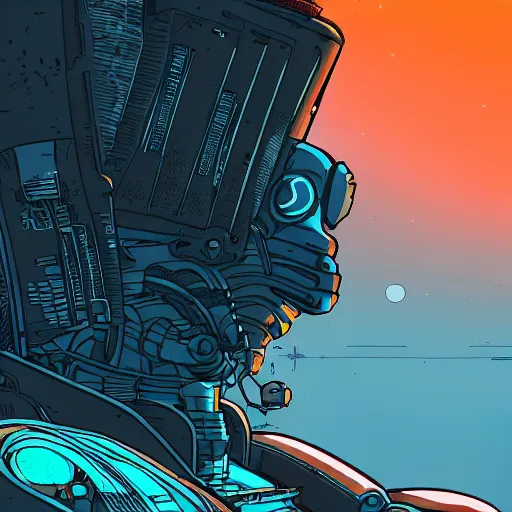 Prompt: in the style of max prentis and deathburger and laurie greasley a close up of a young explorer wearing a cyberpunk headpiece sitting on the head of a giant robot watching the sunset in the distance, highly detailed, 8k wallpaper