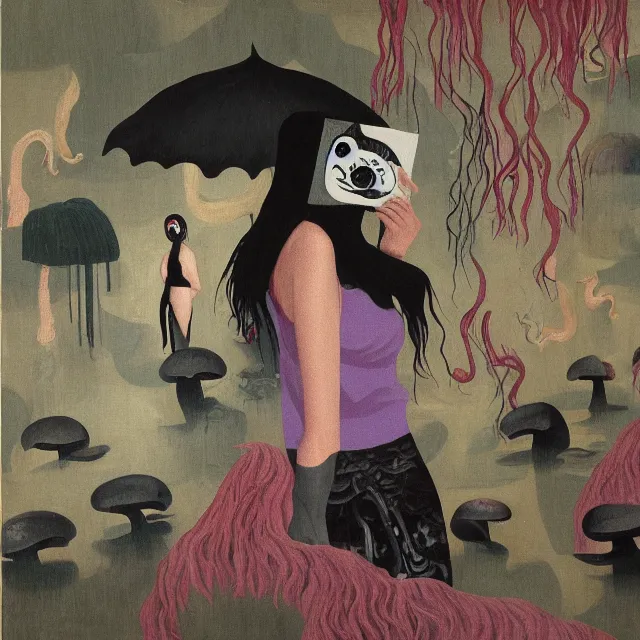 Image similar to tall female emo artist wearing a pig mask in her flooded apartment, mushrooms, octopus, water gushing from ceiling, painting of flood waters inside an artist's apartment, a river flooding indoors, pomegranates, ikebana, zen, rapids, waterfall, black swans, canoe, berries, acrylic on canvas, surrealist, by magritte and monet