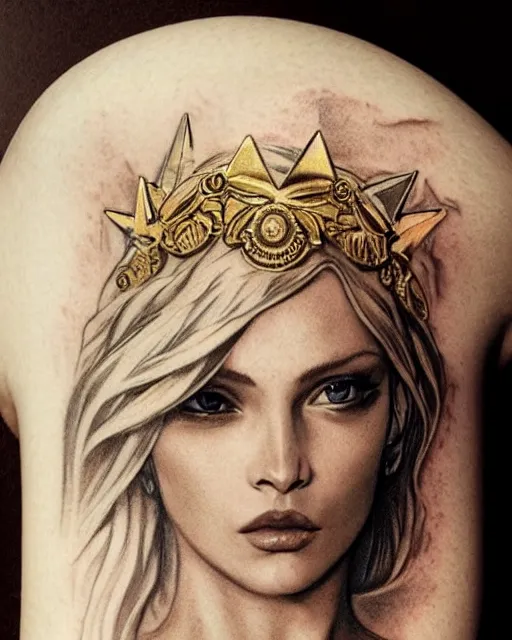 Image similar to tattoo sketch of blonde super model aphrodite greek goddess wearing a gold laurel wreath and triangle earrings, beautiful piercing gaze with sharp pupils, in the style of greg rutkowski, fantasy, amazing detail, epic, elegant, smooth, sharp focus, front view