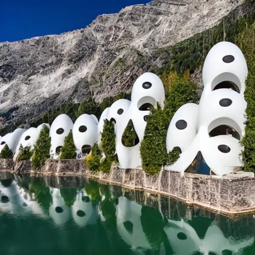 Prompt: a beautiful lot of white egg shaped buildings are fused together by the calm lake