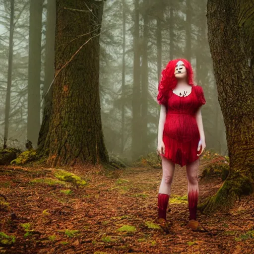 Prompt: a cottagecore witch with strawberry hair, in a foggy forest, hyper - realistic, 4 k, full body, sexy, vogue photoshoot