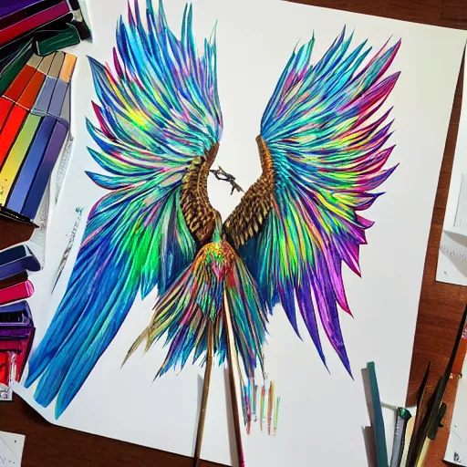 Image similar to picture of long spear made of multicoloured feathered wings, prismatic, full detailed drawing, hyperrealism, full weapon drawing, magic the gathering, white background