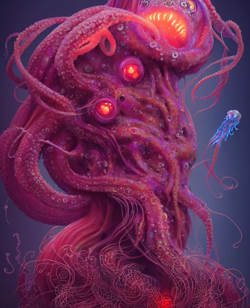 Prompt: cthulhu goddess close - up portrait, squid coming from woman eyes, phoenix jellyfish, orchid, betta fish, bioluminiscent, intricate artwork by tooth wu and wlop and beeple. octane render, trending on artstation, greg rutkowski very coherent symmetrical artwork. cinematic, hyper realism, high detail, octane render, 8 k