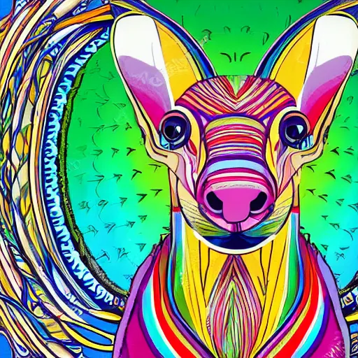 Image similar to portrait friendly cute happy stylish realistic rainbow animal from africa. background in the style of art nouveau. lively. colorful. hd.