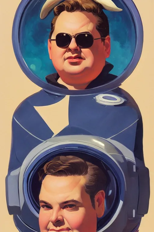 Prompt: chubby rich evans from rlm as space cop, sunglasses, star on chest, cosmic painting by jc leyendecker!! phil hale!, angular, brush strokes, painterly, vintage, crisp, space!!