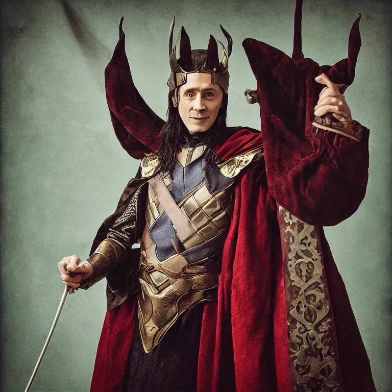 Prompt: “portrait of Loki as a medieval jester, studio lighting hyperreal photograph ”