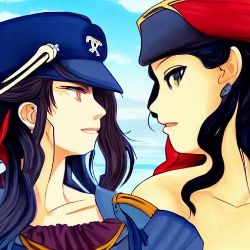 Image similar to a scene of two beautiful female pirate captains standing face to face, detailed anime art