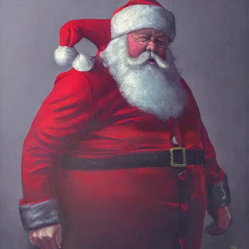 Image similar to Portrait Portrait of Santa Claus the Rotund Elf emerging from his signature red outfit whilst standing atop volcano greg rutkowski dan witz paul klee andrew wyeth tom bagshaw stanton feng bastien lecouffe-deharme tombow oil painting